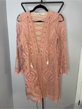 Jen's Pirate Booty Peach Lace-Up Crochet Tunic Dress
